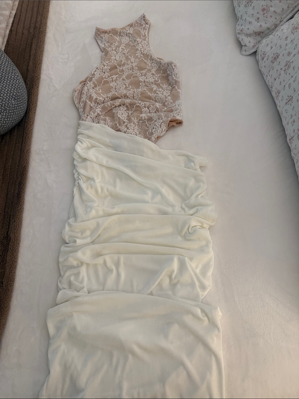 Ivory Ruched Skirt with Nude Lace Bodice